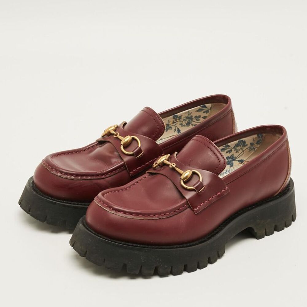 Gucci Horsebit Size 39.5 Burgundy Gg Leather Platform Loafers - Picture 2 of 7